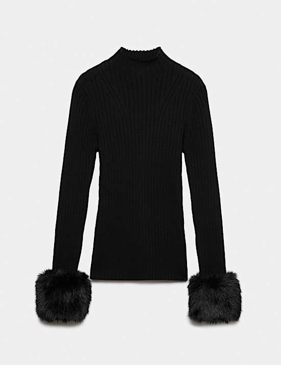 Pure Merino Wool Ribbed High Neck Fur Trim Jumper