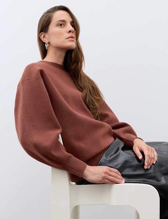 Pull &agrave; manches blouson et col rond en coton m&eacute;lang&eacute;