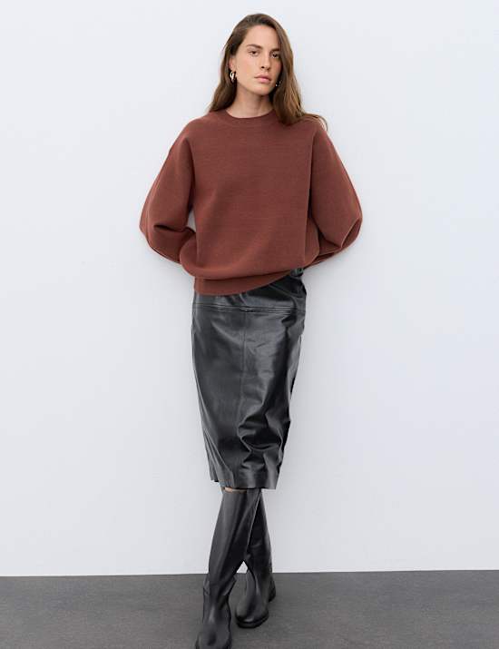 Pull &agrave; manches blouson et col rond en coton m&eacute;lang&eacute;