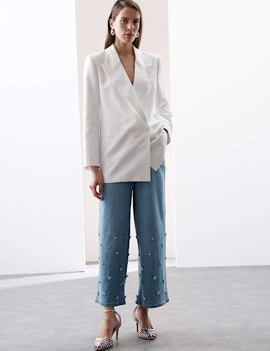 Denim High Waisted Embellished Wide Leg Jeans