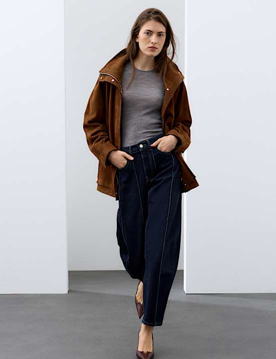 Lyocell Blend High Waisted Seam Detail Barrel Jeans