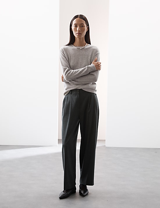 Wool Blend Pinstripe Tapered Trousers