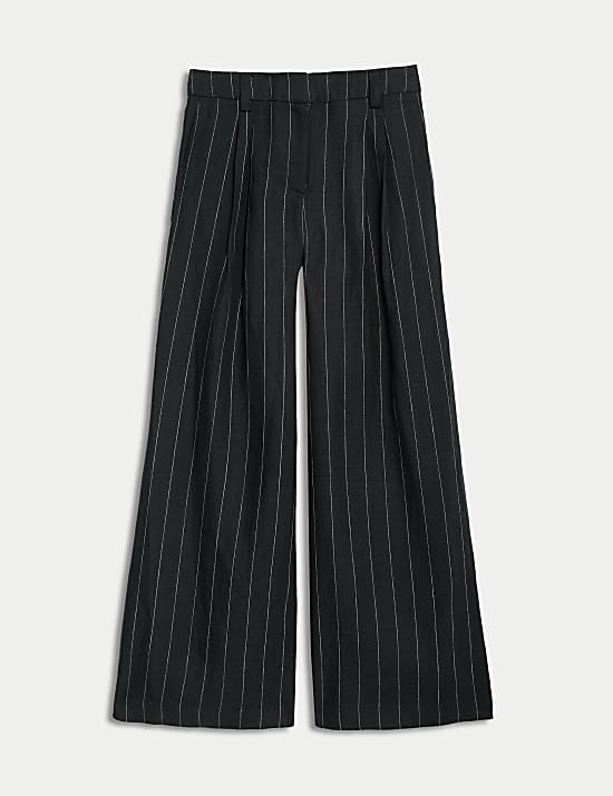 Pure Linen Striped Wide Leg Trousers