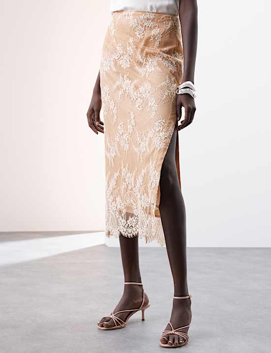 Lace Side Split Midi A-Line Skirt