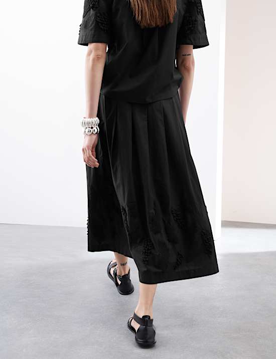 Pure Cotton Embroidered Midi A-Line Skirt