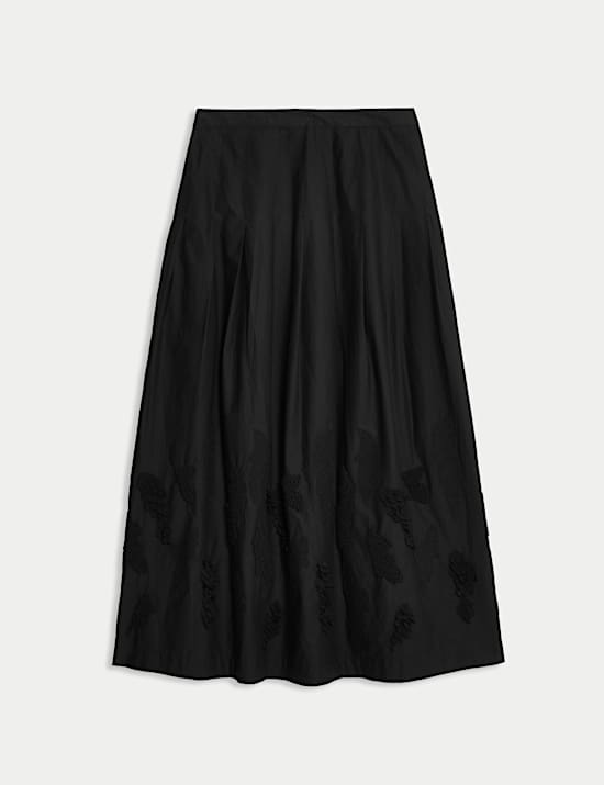 Pure Cotton Embroidered Midi A-Line Skirt