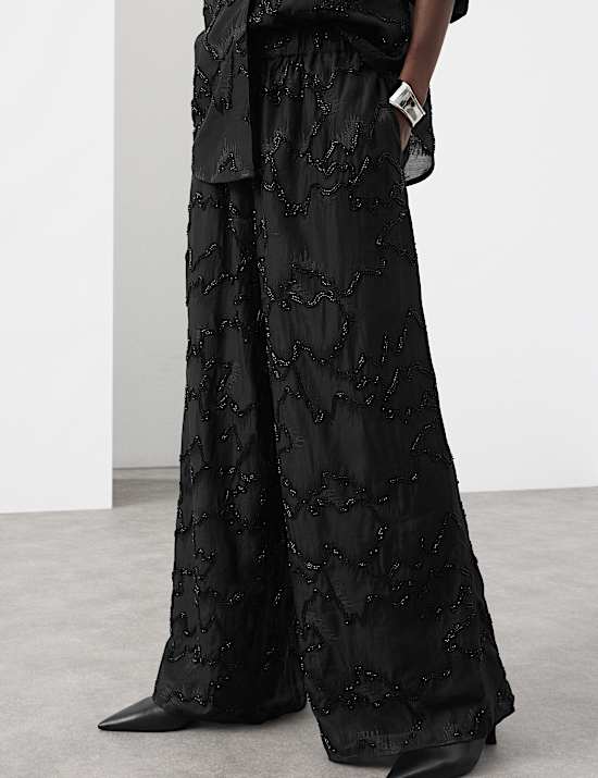 Celana Panjang Kaki Lebar Dengan Manik-Manik Bahan Lyocell