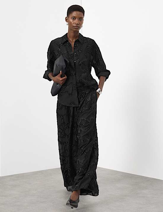 Celana Panjang Kaki Lebar Dengan Manik-Manik Bahan Lyocell