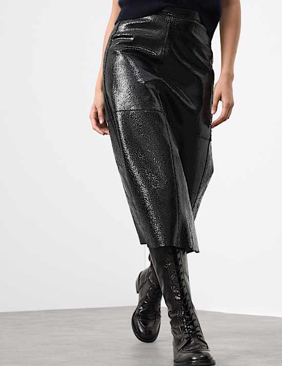 Leather Patent Textured Midi A-Line Skirt