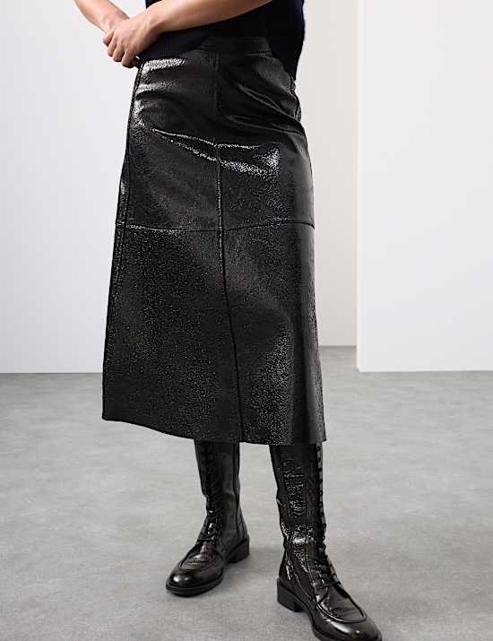 Leather Patent Textured Midi A-Line Skirt