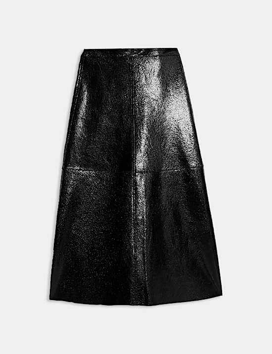 Leather Patent Textured Midi A-Line Skirt