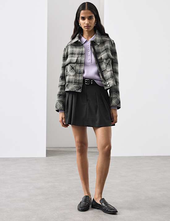 Wool Blend Belted Pleated Mini Skirt