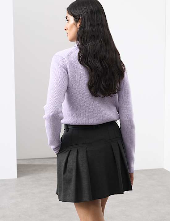 Wool Blend Belted Pleated Mini Skirt