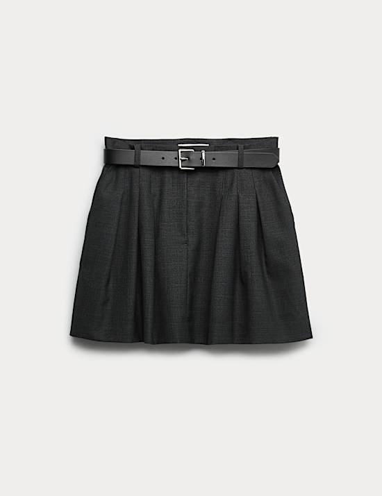 Wool Blend Belted Pleated Mini Skirt