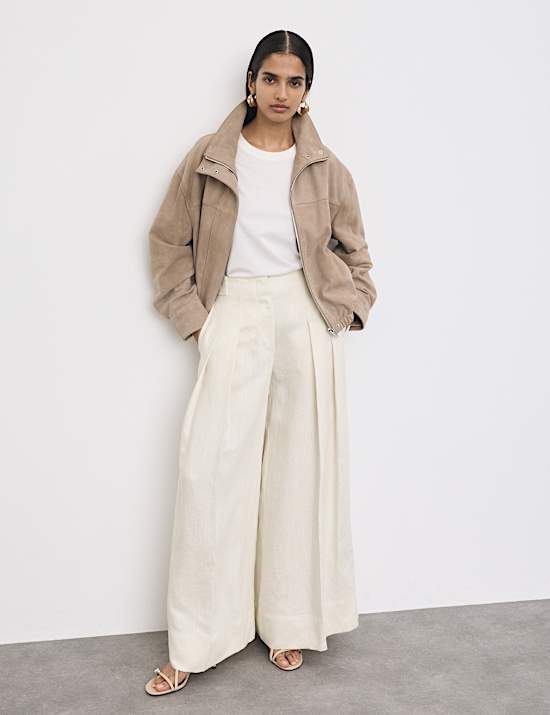Linen Blend Pleat Front Wide Leg Trousers
