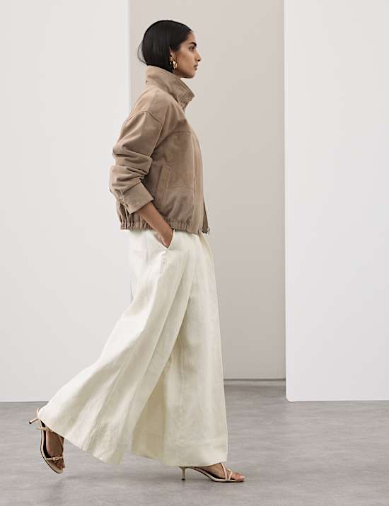 Linen Blend Pleat Front Wide Leg Trousers