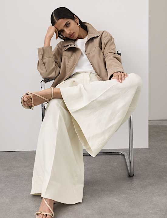 Linen Blend Pleat Front Wide Leg Trousers