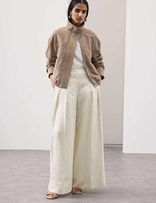 Linen Blend Pleat Front Wide Leg Trousers