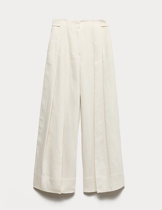 Linen Blend Pleat Front Wide Leg Trousers