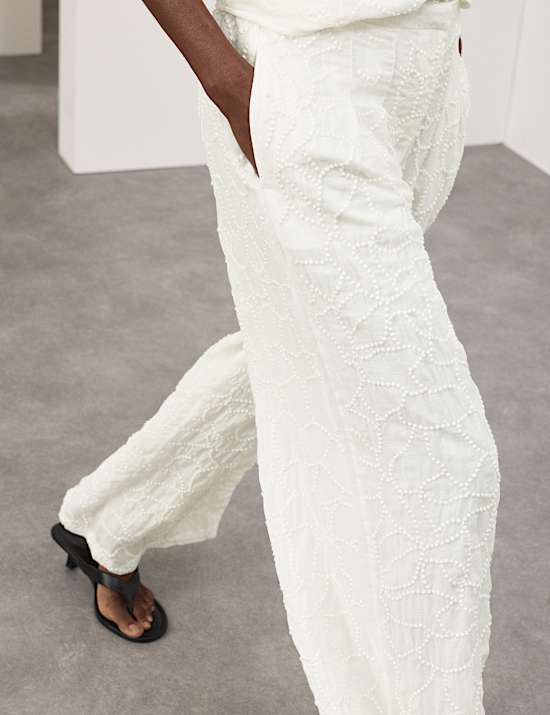 Embroidered Knot Wide Leg Trousers