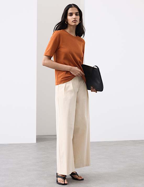 Cotton Blend Wide Leg Trousers