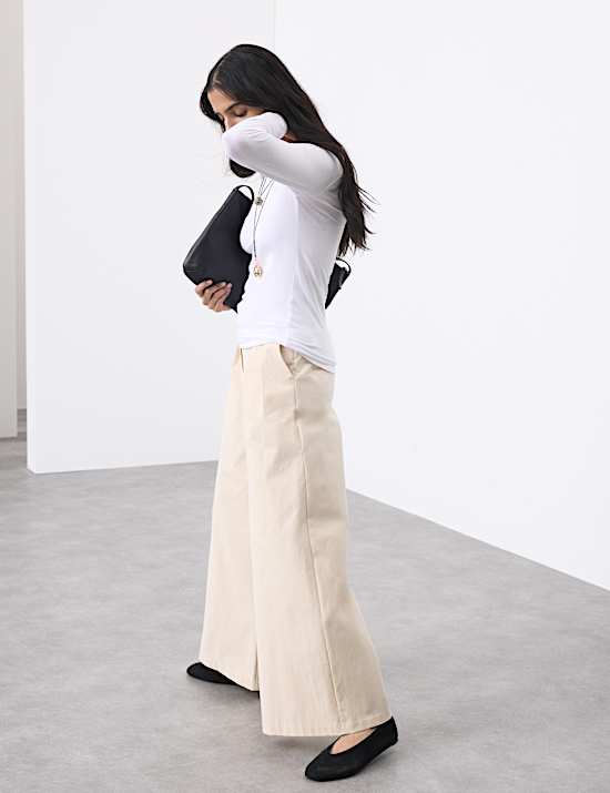 Cotton Blend Wide Leg Trousers