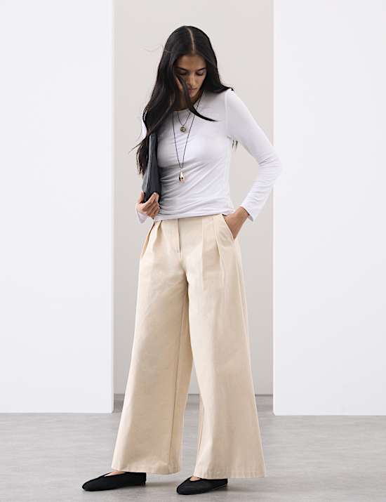 Cotton Blend Wide Leg Trousers