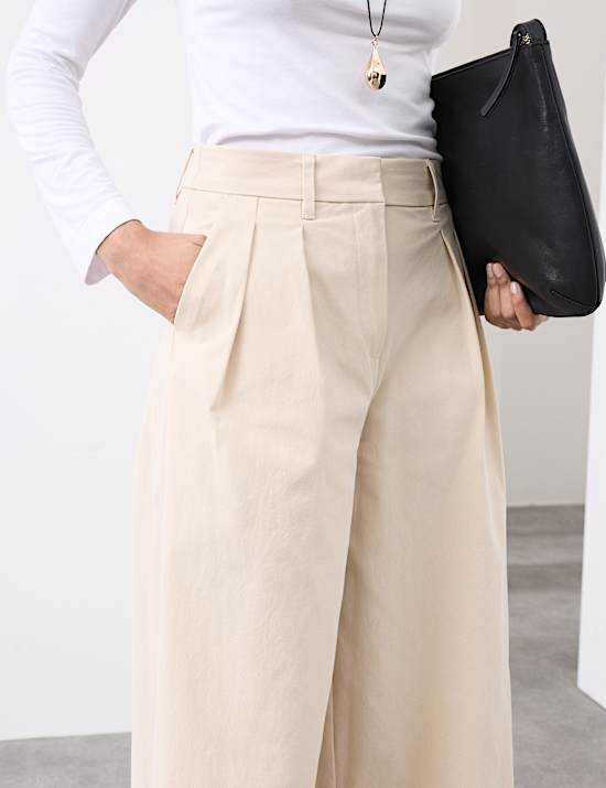 Cotton Blend Wide Leg Trousers