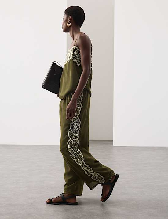 Floral Embroidered Wide Leg Trousers