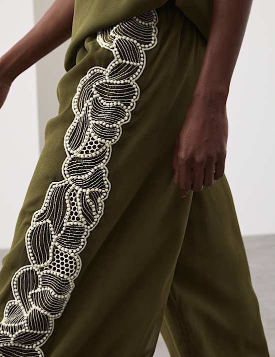 Floral Embroidered Wide Leg Trousers