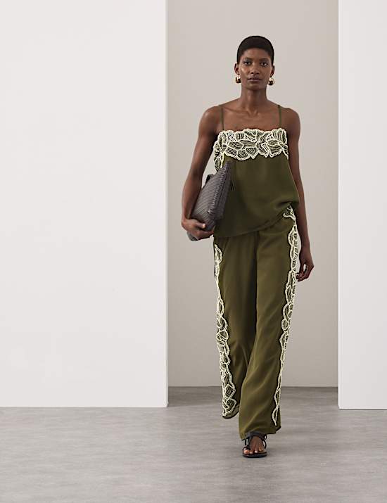 Floral Embroidered Wide Leg Trousers