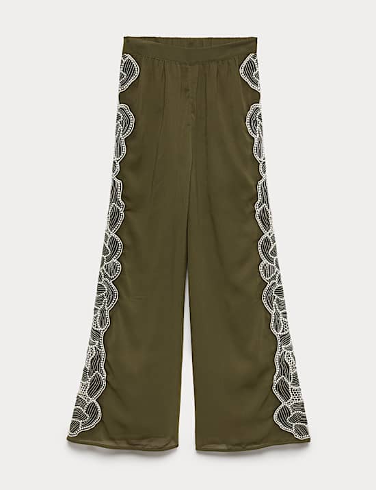 Floral Embroidered Wide Leg Trousers