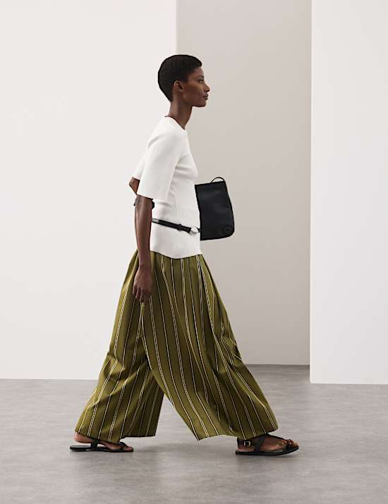 Striped Pleat Front Wide Leg Trousers