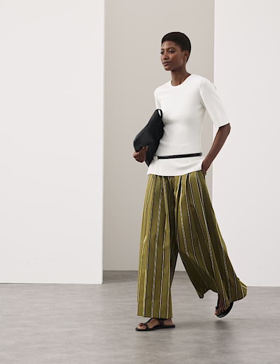Striped Pleat Front Wide Leg Trousers