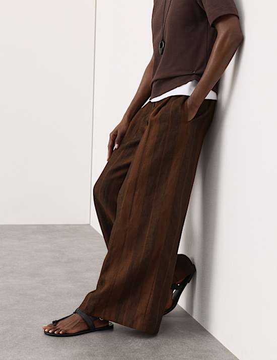 Pure Flax Linen Striped Wide Leg Trousers