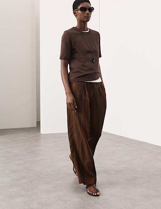 Pure Flax Linen Striped Wide Leg Trousers