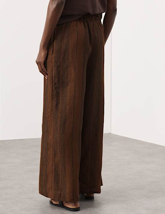 Pure Flax Linen Striped Wide Leg Trousers