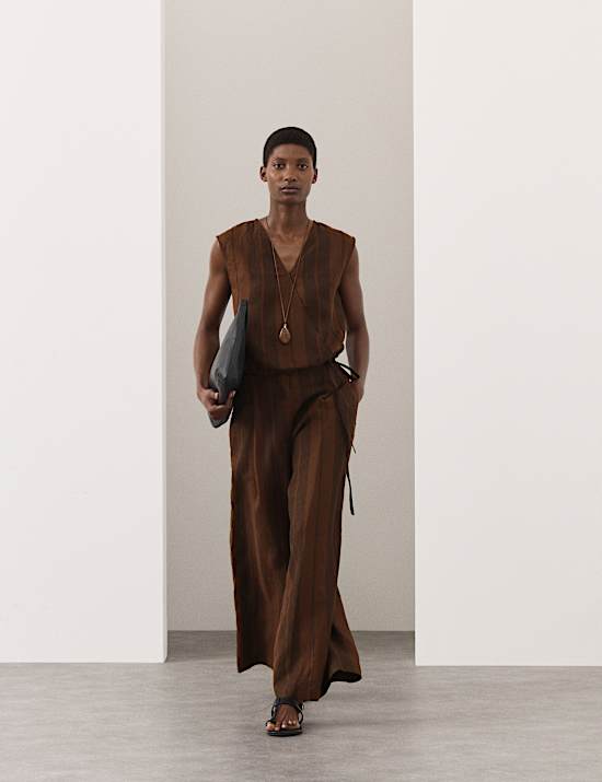 Pure Flax Linen Striped Wide Leg Trousers