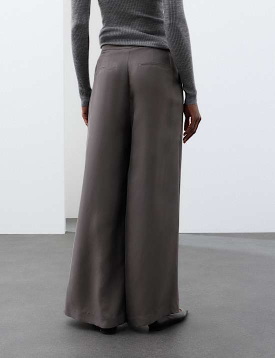 Pure Silk Gathered Waist Wide Leg Trousers