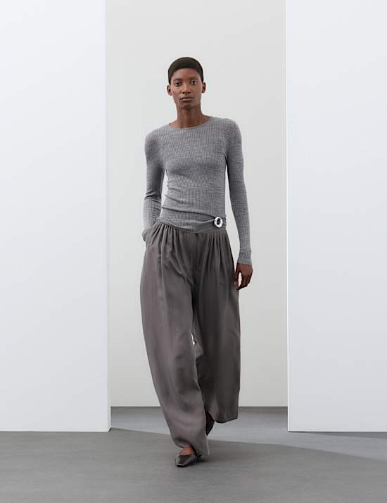 Pure Silk Gathered Waist Wide Leg Trousers