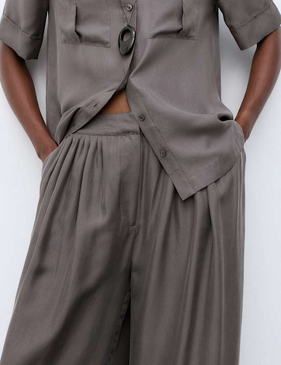Pure Silk Gathered Waist Wide Leg Trousers