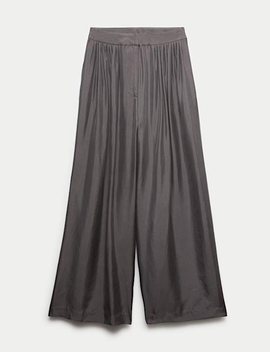 Pure Silk Gathered Waist Wide Leg Trousers