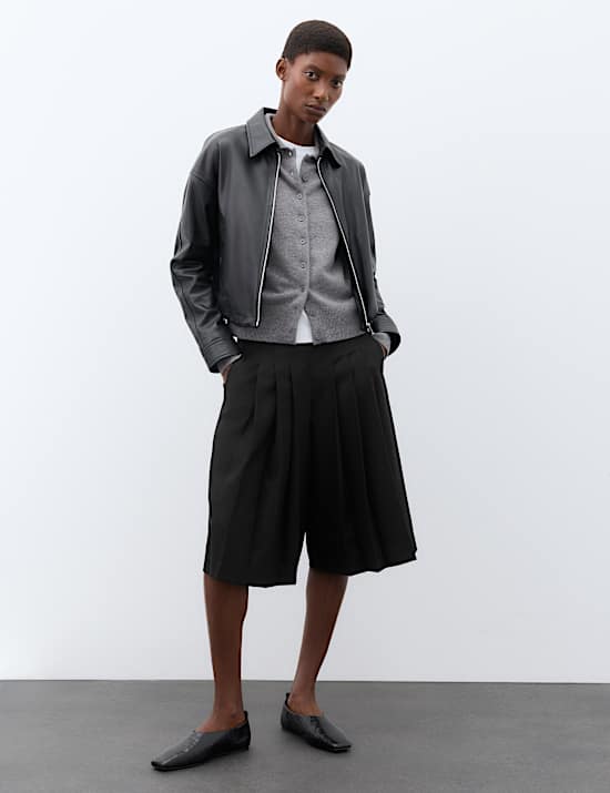Wool Blend Pleated Wide Leg Culottes