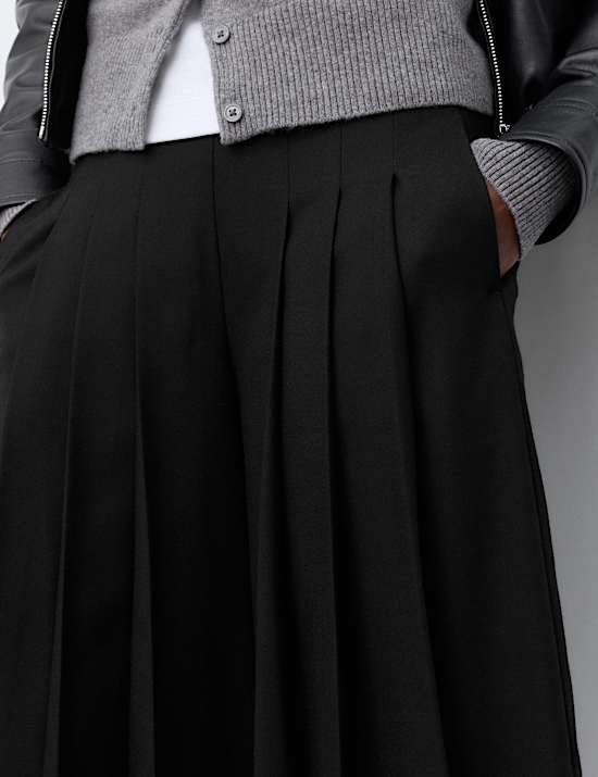 Wool Blend Pleated Wide Leg Culottes