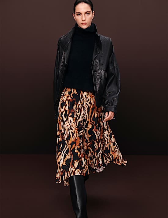 Animal Print Asymmetric Midi Skirt with Silk