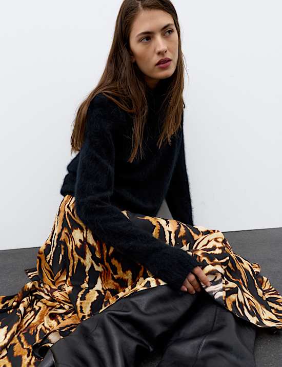 Animal Print Asymmetric Midi Skirt with Silk