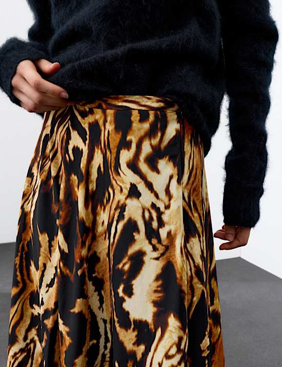 Animal Print Asymmetric Midi Skirt with Silk