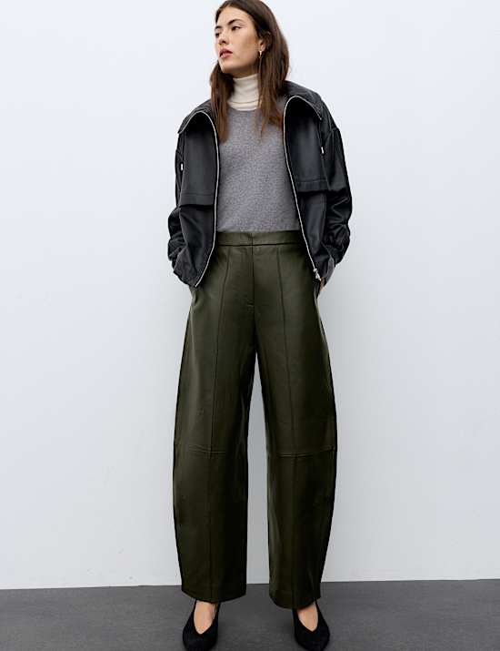 Leather Seam Detail Barrel Leg Cropped Trousers