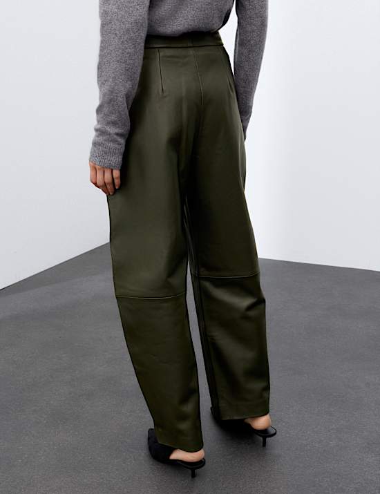 Leather Seam Detail Barrel Leg Cropped Trousers