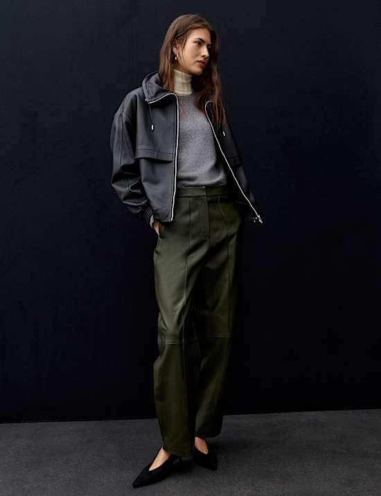 Leather Seam Detail Barrel Leg Cropped Trousers